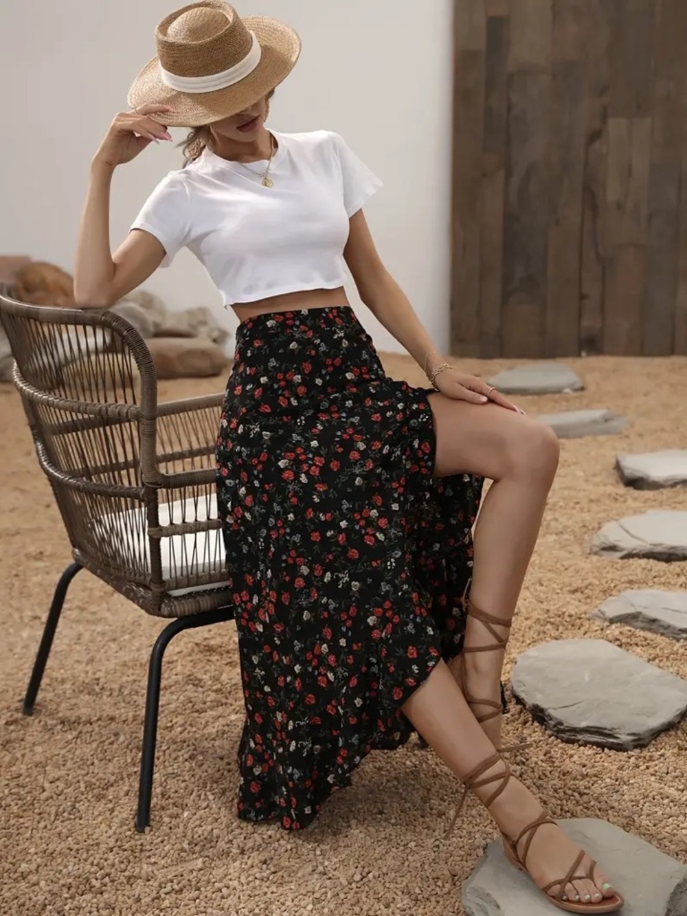 NWT Free People Flynn Skye Nadia Asymmetrical Skirt Midi High Slit Black Floral - Picture 13 of 13